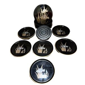 Vintage Otagiri Japanese Black Lacquer 6 Coasters & Box Mother of Pearl Inlays